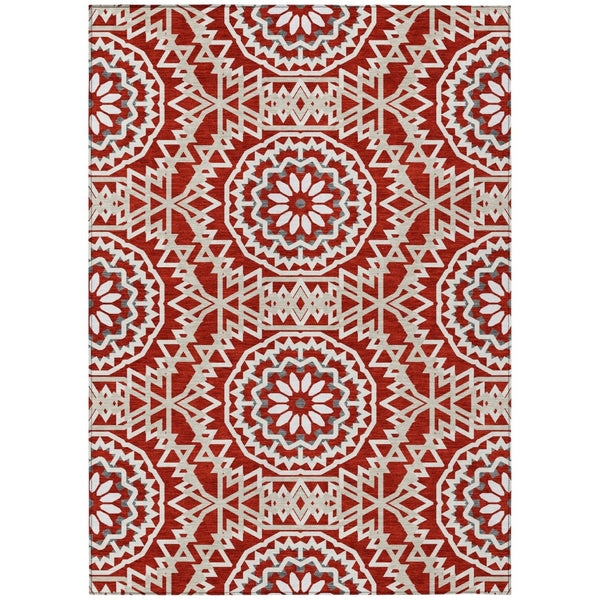 HomeRoots 5' Durable Floral Medallion Area Rug in Red, Beige & Ivory – Washable for Indoor & Outdoor Use 5' X 8' 578671