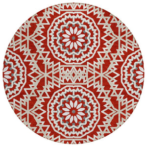 HomeRoots 5' Durable Floral Medallion Area Rug in Red, Beige & Ivory – Washable for Indoor & Outdoor Use 8' Round 578672