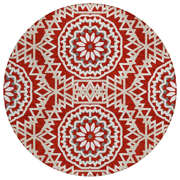 HomeRoots 5' Durable Floral Medallion Area Rug in Red, Beige & Ivory – Washable for Indoor & Outdoor Use 8' Round 578672