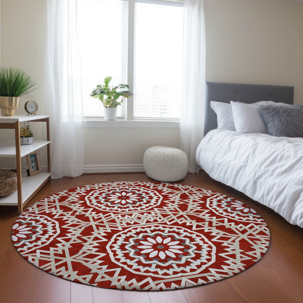Homeroots 3' Floral Medallion Area Rug - Artichoke Green & Tan, Washable For Indoor & Outdoor Use, Durable Design 8' Round Polyester 578672
