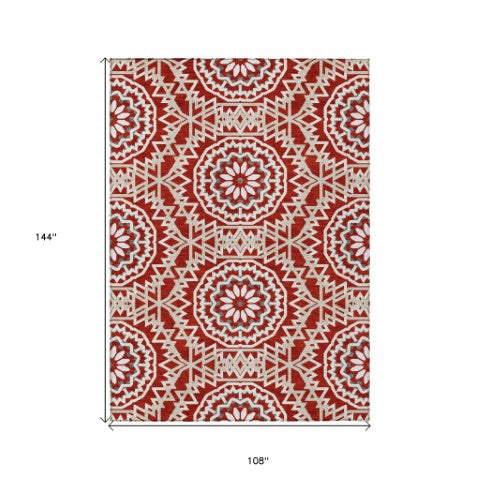 Homeroots 3' Floral Medallion Area Rug - Artichoke Green & Tan, Washable For Indoor & Outdoor Use, Durable Design 9' X 12' Polyester 578674