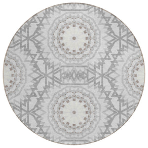 HomeRoots 5' Elegant Silver Ivory Gray Floral Medallion Area Rug - Washable, Durable for Indoor & Outdoor Use 8' Round 578678