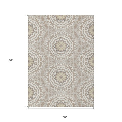 Homeroots 3' Floral Medallion Area Rug - Artichoke Green & Tan, Washable For Indoor & Outdoor Use, Durable Design 3' X 5' Polyester 578682