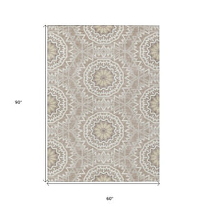 Homeroots 3' Floral Medallion Area Rug - Artichoke Green & Tan, Washable For Indoor & Outdoor Use, Durable Design 5' X 8' Polyester 578683
