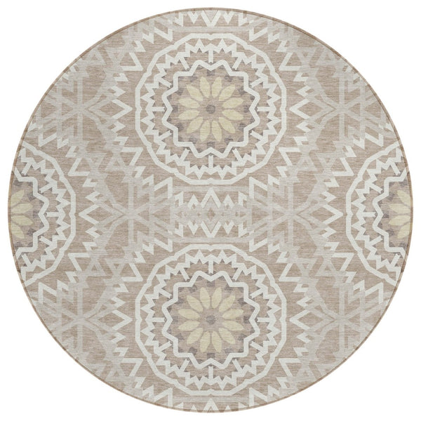 HomeRoots 5' Stylish Floral Medallion Area Rug - Durable, Washable Indoor/Outdoor Decor for High-Traffic Spaces 8' Round 578684