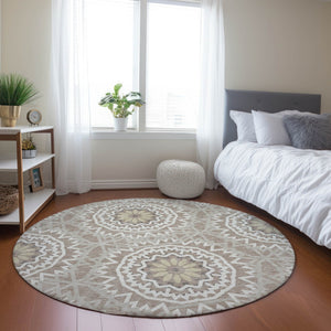 Homeroots 3' Floral Medallion Area Rug - Artichoke Green & Tan, Washable For Indoor & Outdoor Use, Durable Design 8' Round Polyester 578684