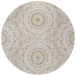 Homeroots 3' Floral Medallion Area Rug - Artichoke Green & Tan, Washable For Indoor & Outdoor Use, Durable Design 8' Round Polyester 578684