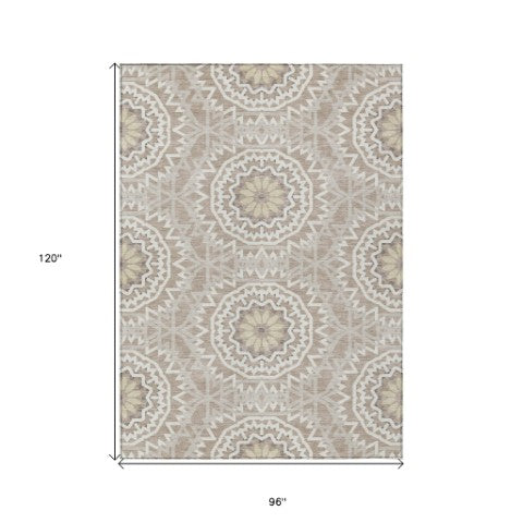 Homeroots 3' Floral Medallion Area Rug - Artichoke Green & Tan, Washable For Indoor & Outdoor Use, Durable Design 8' X 10' Polyester 578685