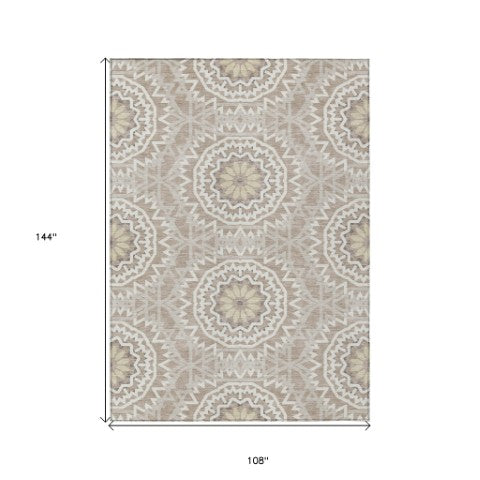 Homeroots 3' Floral Medallion Area Rug - Artichoke Green & Tan, Washable For Indoor & Outdoor Use, Durable Design 9' X 12' Polyester 578686