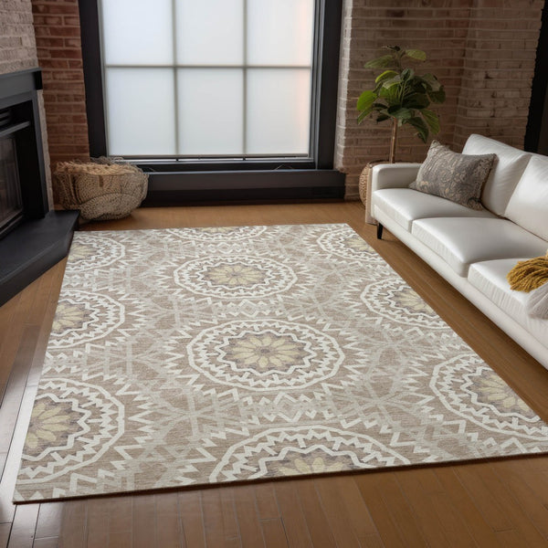 Homeroots 3' Floral Medallion Area Rug - Artichoke Green & Tan, Washable For Indoor & Outdoor Use, Durable Design 10' X 14' Polyester 578687
