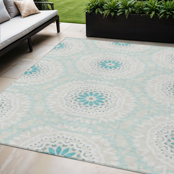 Homeroots 3' Floral Medallion Area Rug - Artichoke Green & Tan, Washable For Indoor & Outdoor Use, Durable Design 5' X 8' Polyester 578689