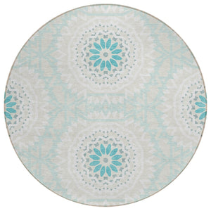 HomeRoots 5' Elegant Floral Medallion Area Rug in Teal Blue and Beige – Durable, Washable for Indoor & Outdoor 8' Round 578690