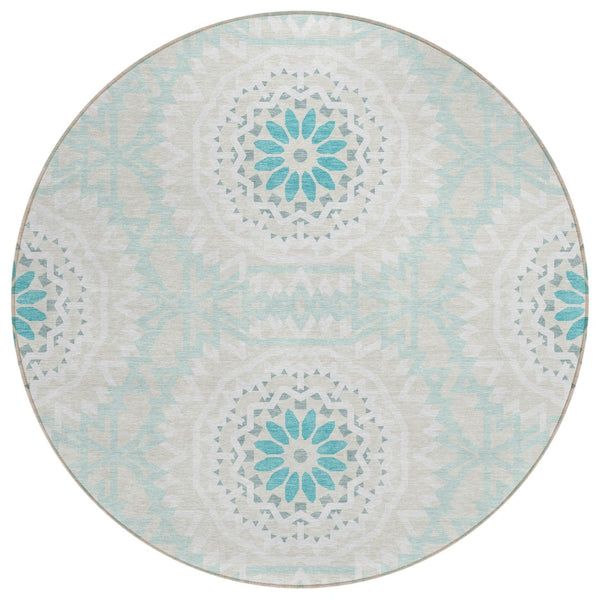 HomeRoots 5' Elegant Floral Medallion Area Rug in Teal Blue and Beige – Durable, Washable for Indoor & Outdoor 8' Round 578690