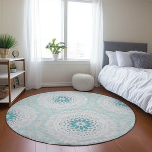 Homeroots 3' Floral Medallion Area Rug - Artichoke Green & Tan, Washable For Indoor & Outdoor Use, Durable Design 8' Round Polyester 578690