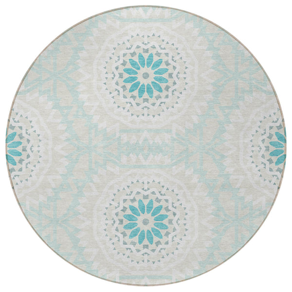 Homeroots 3' Floral Medallion Area Rug - Artichoke Green & Tan, Washable For Indoor & Outdoor Use, Durable Design 8' Round Polyester 578690