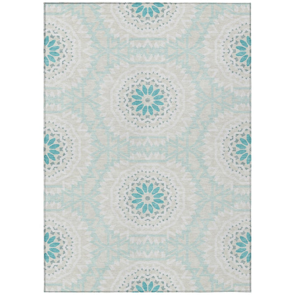 HomeRoots 5' Elegant Floral Medallion Area Rug in Teal Blue and Beige – Durable, Washable for Indoor & Outdoor 8' X 10' 578691
