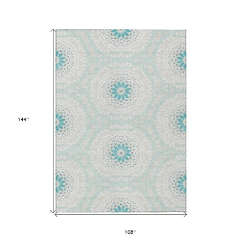 Homeroots 3' Floral Medallion Area Rug - Artichoke Green & Tan, Washable For Indoor & Outdoor Use, Durable Design 9' X 12' Polyester 578692
