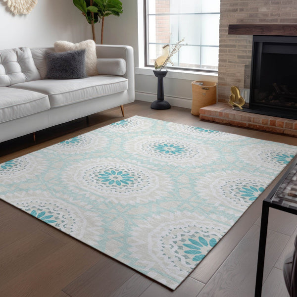 Homeroots 3' Floral Medallion Area Rug - Artichoke Green & Tan, Washable For Indoor & Outdoor Use, Durable Design 9' X 12' Polyester 578692