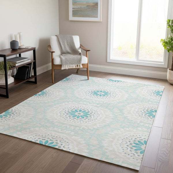 Homeroots 3' Floral Medallion Area Rug - Artichoke Green & Tan, Washable For Indoor & Outdoor Use, Durable Design 10' X 14' Polyester 578693