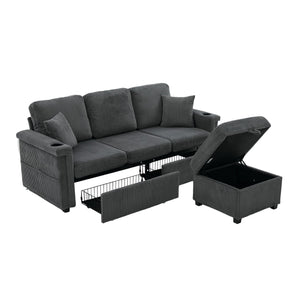 English Elm UNITED Corduroy L-Shaped Sectional Sofa with Storage Ottoman, USB Ports, Cup Holders & LED Lighting Dark Gray W1568P332407