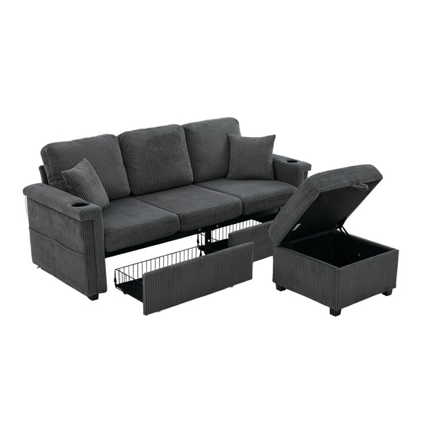 English Elm UNITED Corduroy L-Shaped Sectional Sofa with Storage Ottoman, USB Ports, Cup Holders & LED Lighting Dark Gray W1568P332407