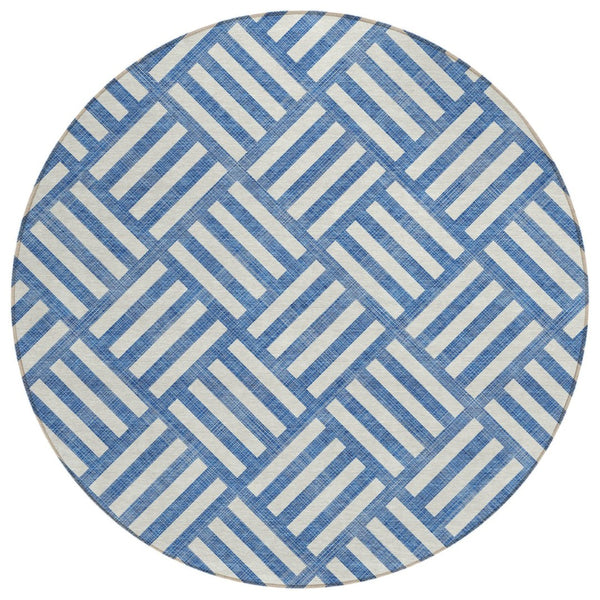 HomeRoots 5' Stylish Blue and Ivory Geometric Area Rug for Indoor/Outdoor Spaces - Durable, Washable, Modern Design 8' Round 578720