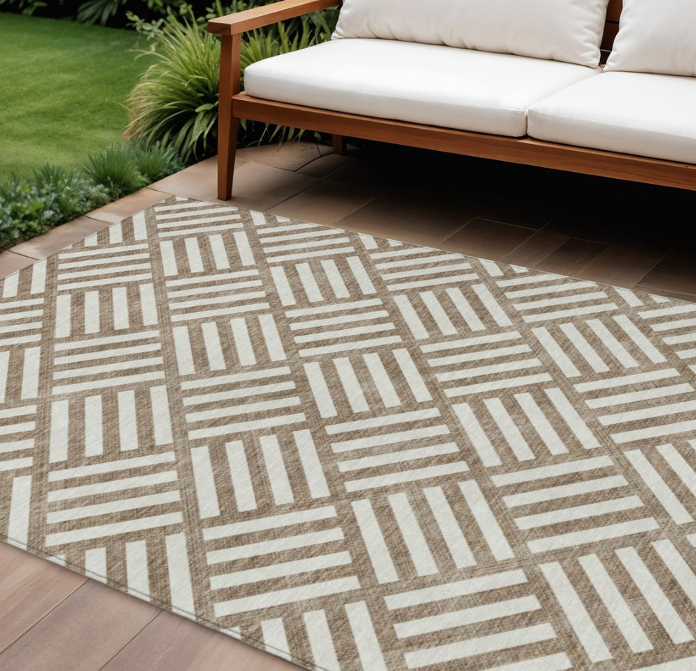 HomeRoots 9' Brown and Ivory Geometric Washable Area Rug for Indoor and Outdoor Use – Durable, Stylish, Easy Care 9' X 12' 578728