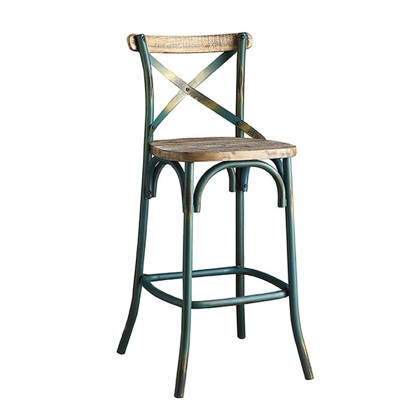 English Elm Antique Vintage-Style Turquoise & Oak Bar Stool with High Back Support, Wooden Seat, Footrest (43.5") B062P191073