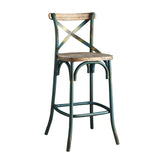 English Elm Antique Turquoise and Antique Oak Bar Stool With Cross Back