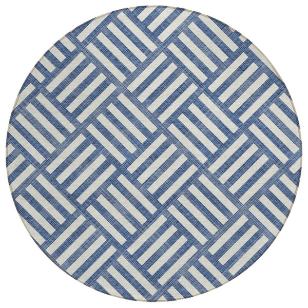 HomeRoots 5' Stylish Navy Blue and Ivory Geometric Area Rug - Durable, Washable, Perfect for Indoor & Outdoor Use 8' Round 578774