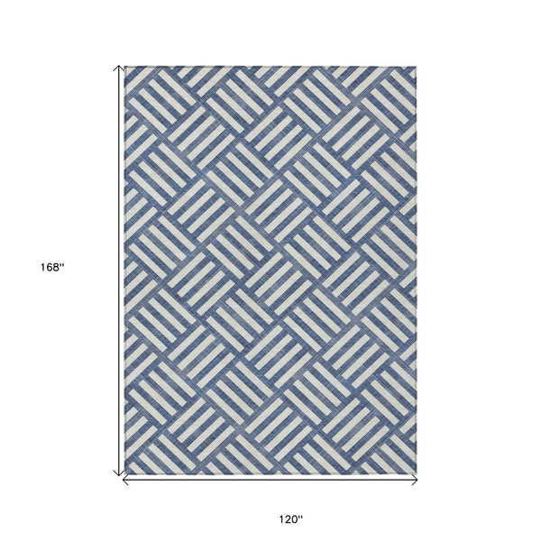 HomeRoots 5' Stylish Navy Blue and Ivory Geometric Area Rug - Durable, Washable, Perfect for Indoor & Outdoor Use 10' X 14' 578777