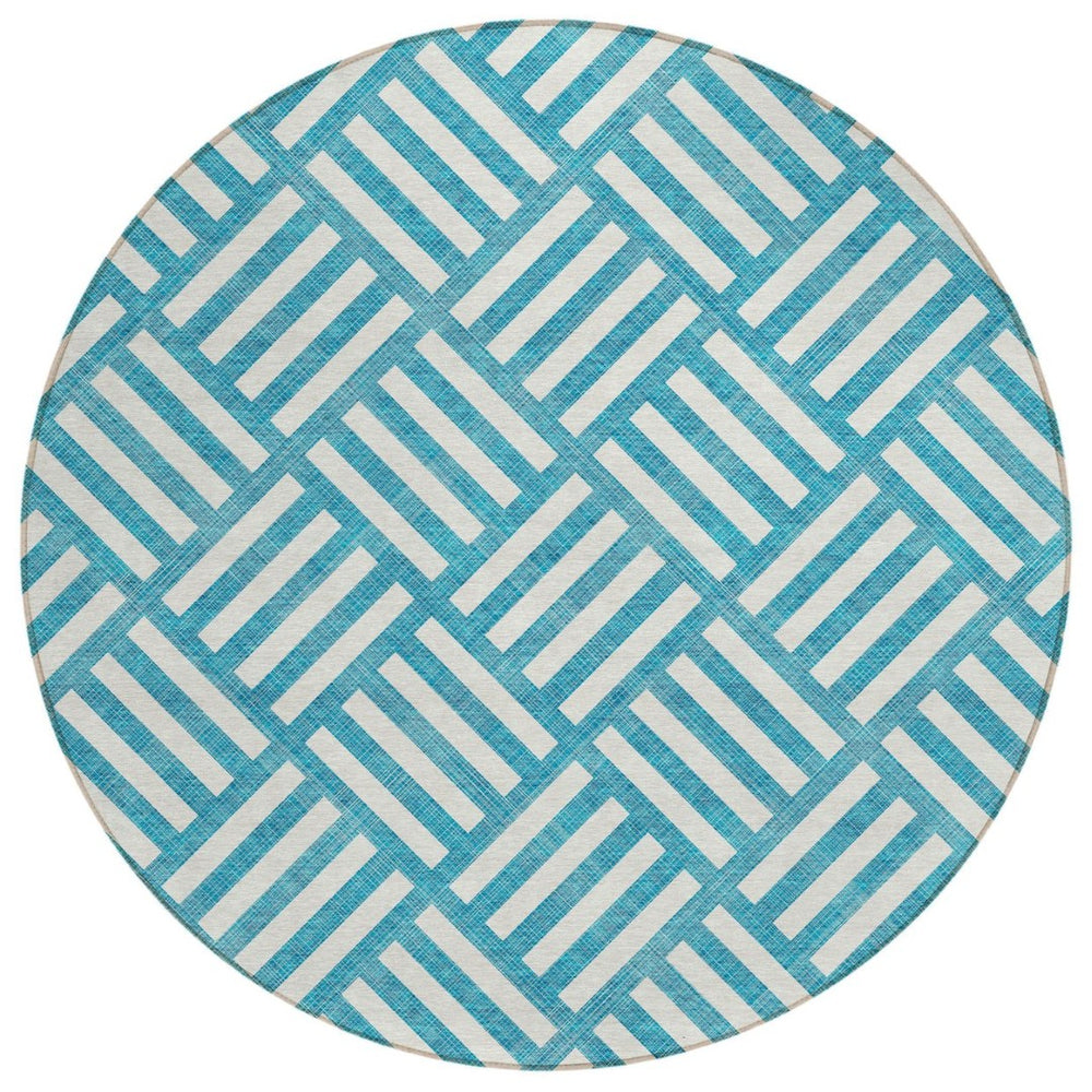 HomeRoots 5' Teal Blue and Ivory Geometric Area Rug – Stylish, Washable Indoor/Outdoor Design for High-Traffic Spaces 8' Round 578828