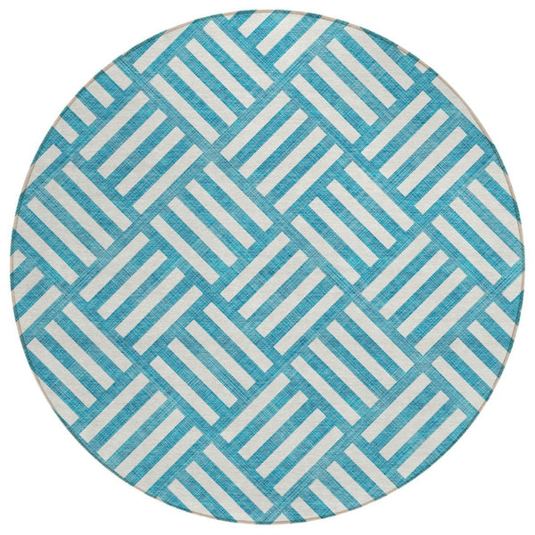 HomeRoots 5' Teal Blue and Ivory Geometric Area Rug – Stylish, Washable Indoor/Outdoor Design for High-Traffic Spaces 8' Round 578828