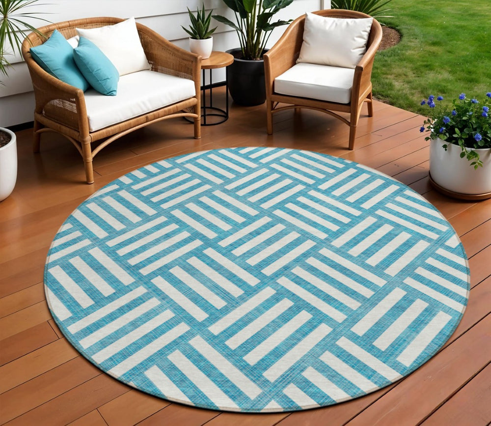HomeRoots 5' Teal Blue and Ivory Geometric Area Rug – Stylish, Washable Indoor/Outdoor Design for High-Traffic Spaces 8' Round 578828