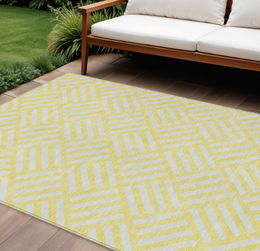 HomeRoots 5' Vibrant Yellow and Ivory Geometric Washable Area Rug for Indoor and Outdoor Spaces, Stylish Comfort 8' X 10' 578835