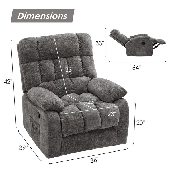 English Elm Recliner Upholstered PU Leather Rocker with Side Pocket, Ergonomic 110°–160° Adjustable Reclining Seat with Footrest, Sturdy Metal Frame for Living Room Comfort Grey T3623P380413