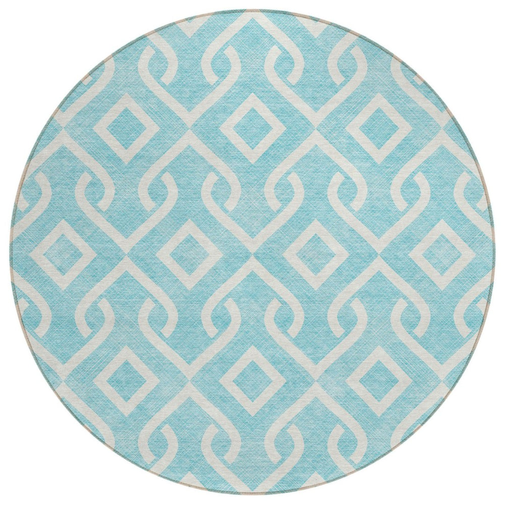 HomeRoots 5' Aqua and Ivory Geometric Area Rug - Durable, Washable, Modern Design for Indoor and Outdoor Use 8' Round 578840