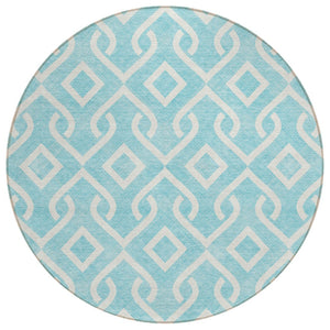 HomeRoots 5' Aqua and Ivory Geometric Area Rug - Durable, Washable, Modern Design for Indoor and Outdoor Use 8' Round 578840