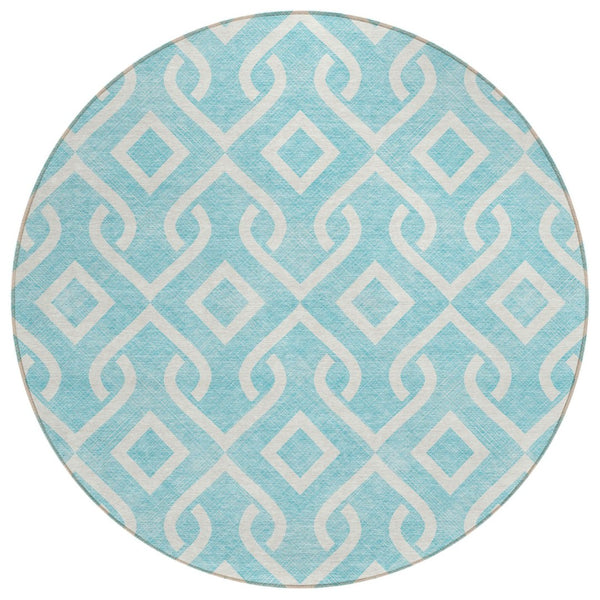 HomeRoots 5' Aqua and Ivory Geometric Area Rug - Durable, Washable, Modern Design for Indoor and Outdoor Use 8' Round 578840