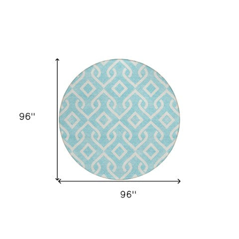 Homeroots 3' Aqua And Ivory Geometric Washable Area Rug - Perfect For Indoor Or Outdoor Spaces, Durable Design! 8' Round Polyester 578840