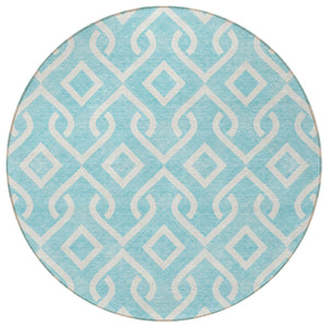 Homeroots 3' Aqua And Ivory Geometric Washable Area Rug - Perfect For Indoor Or Outdoor Spaces, Durable Design! 8' Round Polyester 578840