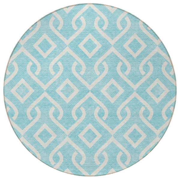 Homeroots 3' Aqua And Ivory Geometric Washable Area Rug - Perfect For Indoor Or Outdoor Spaces, Durable Design! 8' Round Polyester 578840
