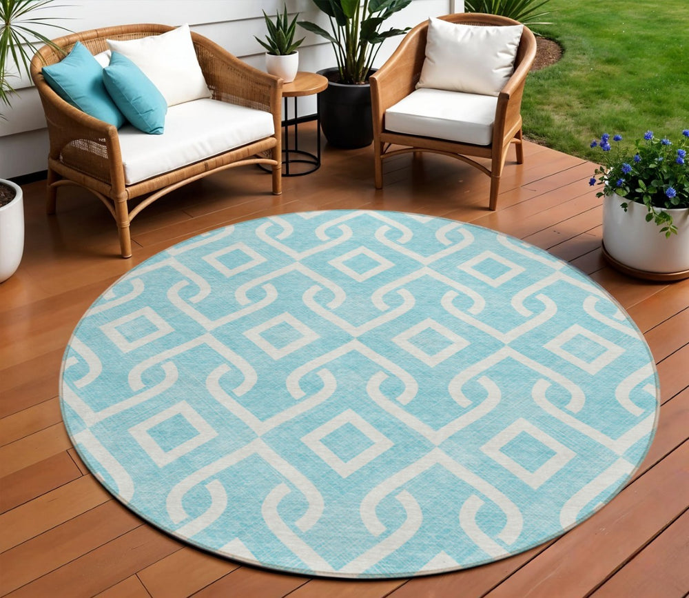 HomeRoots 5' Aqua and Ivory Geometric Area Rug - Durable, Washable, Modern Design for Indoor and Outdoor Use 8' Round 578840
