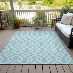 Homeroots 3' Aqua And Ivory Geometric Washable Area Rug - Perfect For Indoor Or Outdoor Spaces, Durable Design! 9' X 12' Polyester 578842