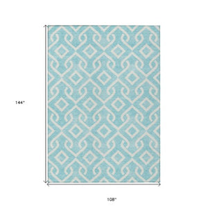 Homeroots 3' Aqua And Ivory Geometric Washable Area Rug - Perfect For Indoor Or Outdoor Spaces, Durable Design! 9' X 12' Polyester 578842