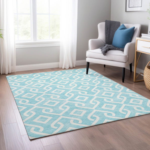 Homeroots 3' Aqua And Ivory Geometric Washable Area Rug - Perfect For Indoor Or Outdoor Spaces, Durable Design! 10' X 14' Polyester 578843
