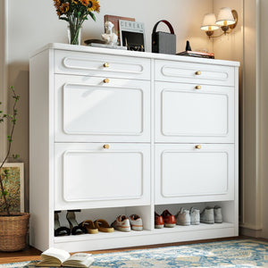English Elm Wooden Farmhouse Entryway Shoe Cabinet with Six Drawers for Organized Hallway Storage Light White W1580P402825