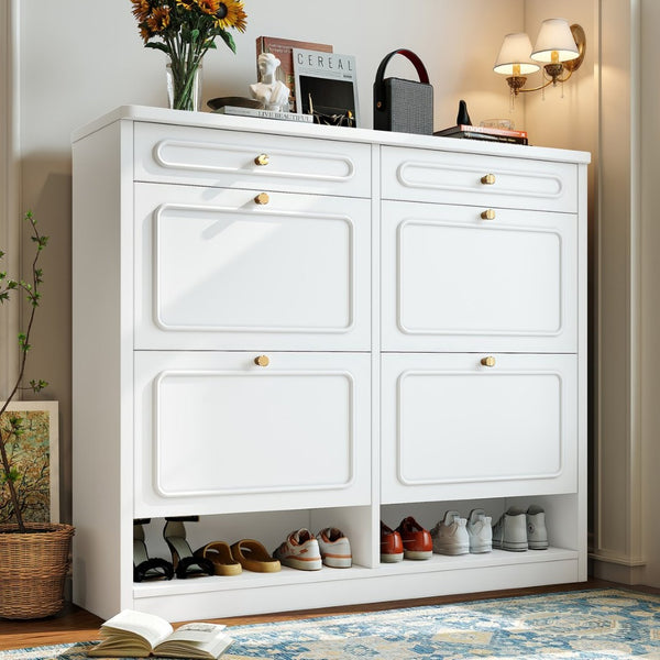 English Elm Wooden Farmhouse Entryway Shoe Cabinet with Six Drawers for Organized Hallway Storage Light White W1580P402825