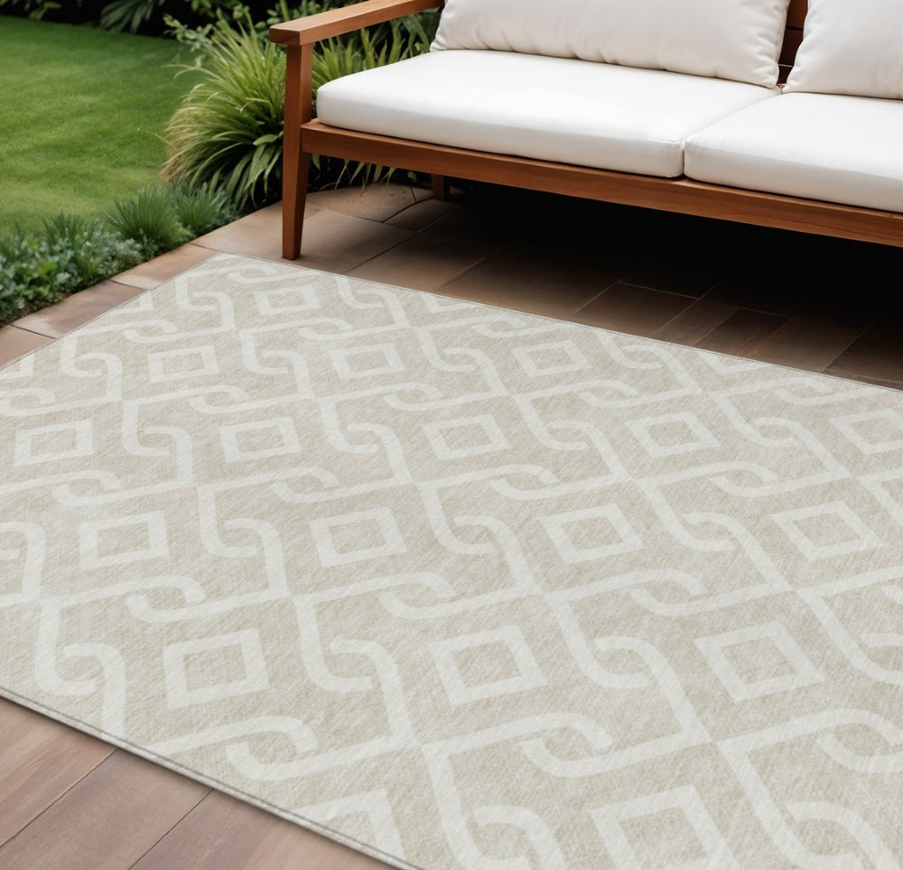 HomeRoots 5' Beige and Ivory Geometric Area Rug - Durable, Washable Design for Indoor and Outdoor Spaces 10' X 14' 578849