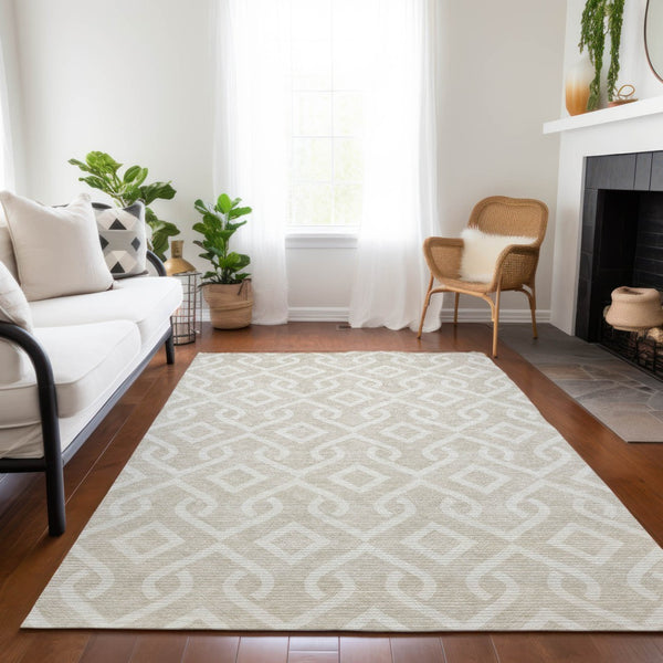 Homeroots 3' Aqua And Ivory Geometric Washable Area Rug - Perfect For Indoor Or Outdoor Spaces, Durable Design! 10' X 14' Polyester 578849